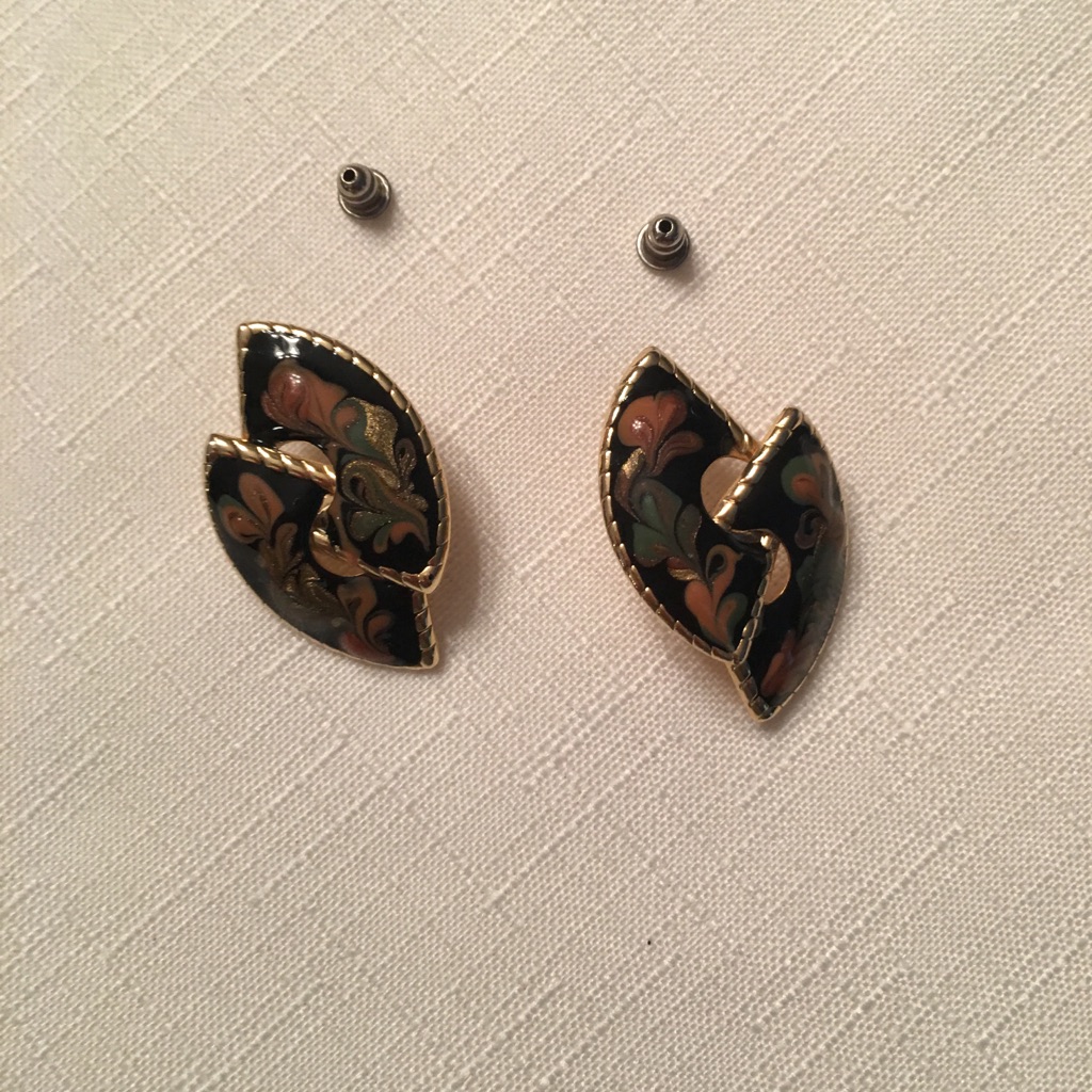 Black And Gold Cloisonn Pierced Earrings